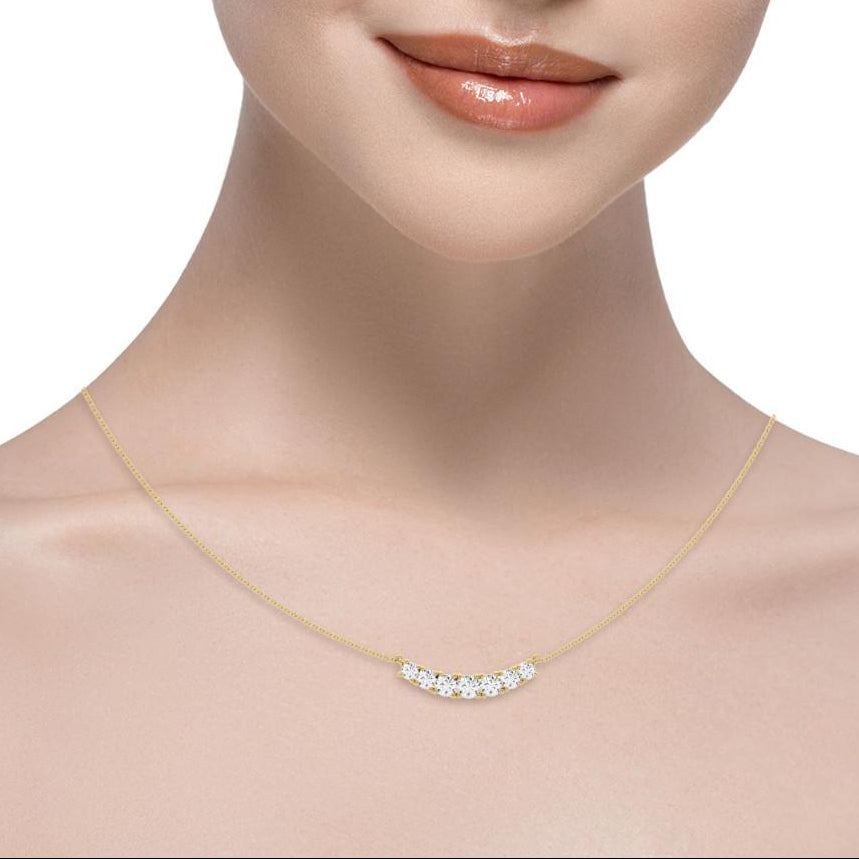 14k Gold Lab Grown Diamond Curved Necklace Pendant for Women | 7 Stone Bar Diamond Necklace (E-F Color, VS1-VS2 Clarity) with attached 20 inch Chain