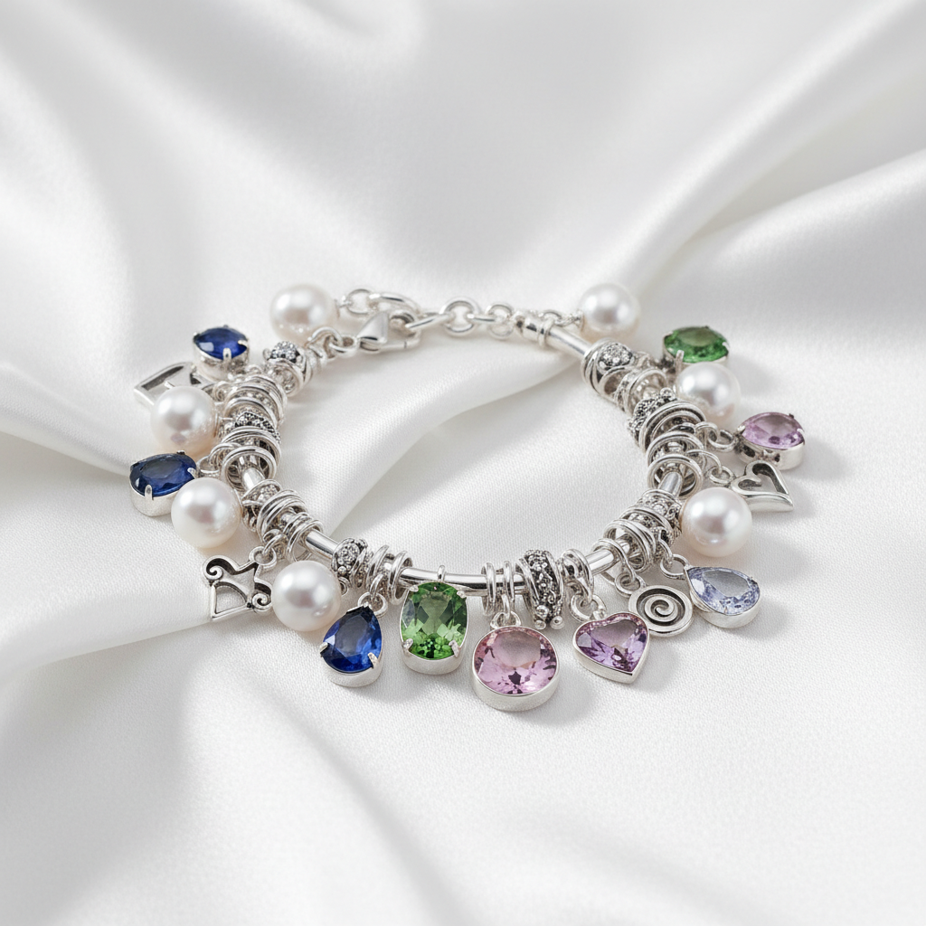 Auraline Silver Pearl Charm Bracelet